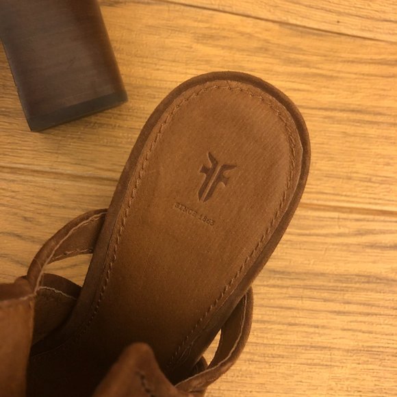 Frye Dani Shield Sling Peep Toe Ankle leather suede cognac tan Booties, 9.5 - Picture 6 of 16